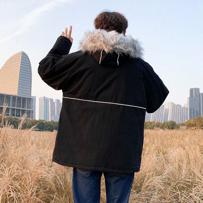 时尚毛领棉服男秋冬新款韩版学生宽松棉袄加绒加厚中长款棉衣外套