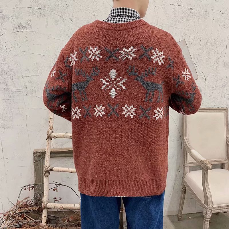 冬季时尚新款复古毛衣男日系厚款针织圆领套头宽松花毛衫线衣潮流