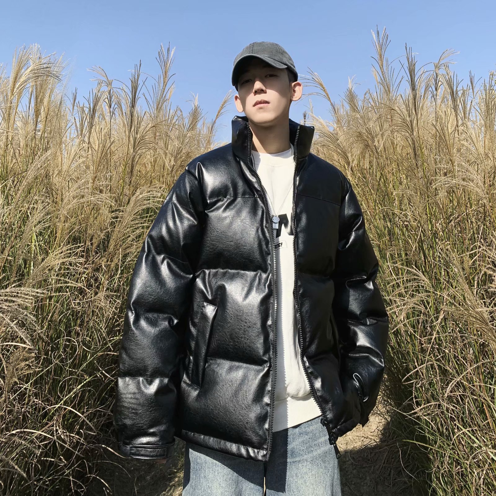 冬季加厚外套男士ins潮牌黑色UP皮衣宽松羽绒棉服防风棉衣面包服