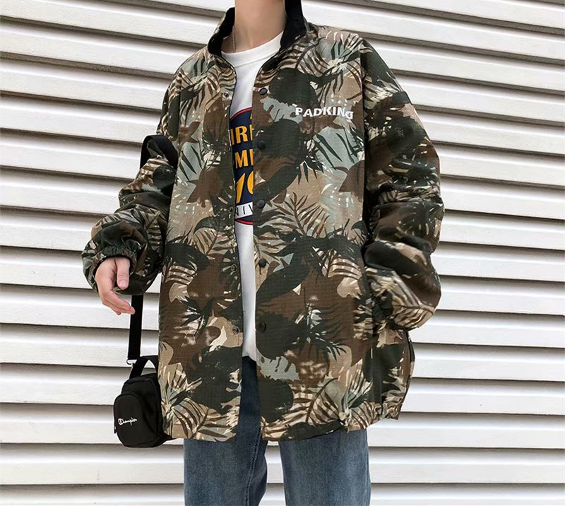 春秋季ins潮牌迷彩服双面穿宽松工装外套男生立领双面穿上衣夹克