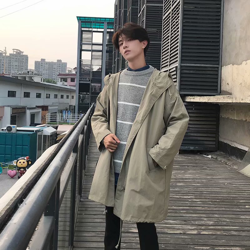港风秋季中长款风衣男韩版潮流宽松连帽夹克原宿bf风休闲帅气外套