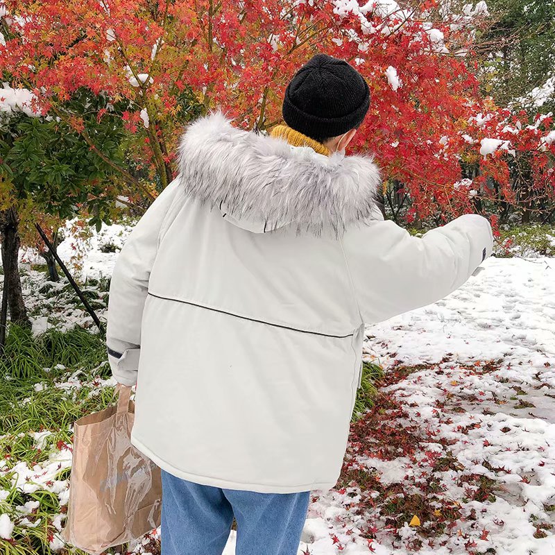 冬季港风宽松加厚毛领棉服工装连帽毛领棉衣超火嘻哈帅气男生外套