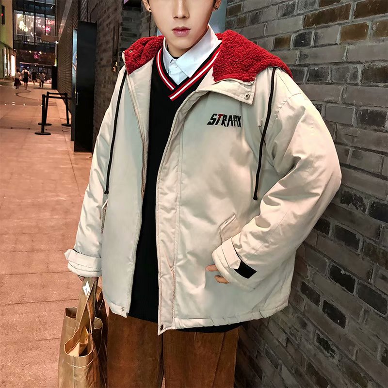 冬季港风chic羊羔毛刺绣字母外套男士韩版潮流学生连帽加厚棉衣男