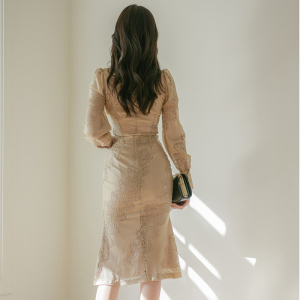 PS14074# 春装新款衬衣领蕾丝拼接上衣+高腰半身裙 套装