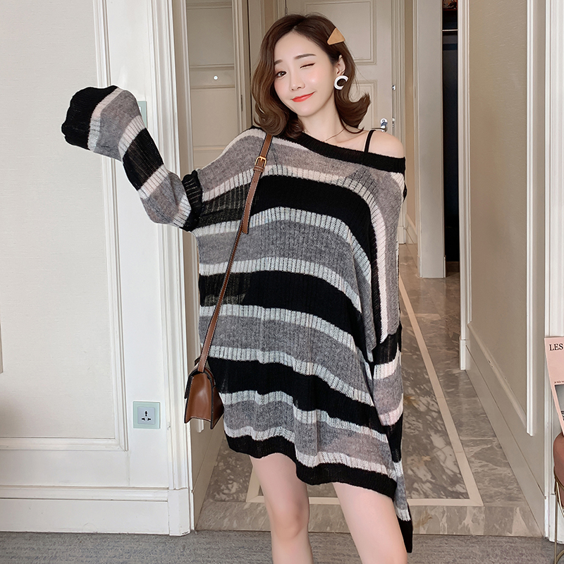 实拍现货2020春款潮妈条纹针织衫女中长款慵懒风宽松显瘦长袖上衣