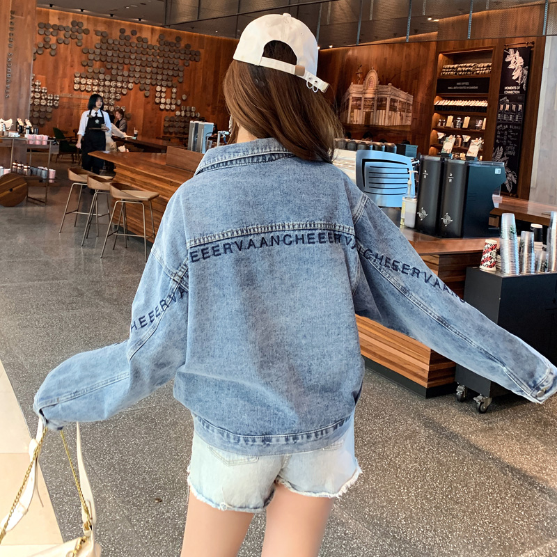 现货实拍春季新款刺绣字母牛仔外套女百搭长袖短款韩版牛仔衣夹克