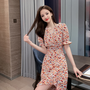 RM9474#夏季新款法式V领碎花连衣裙气质范高腰显瘦短袖裙