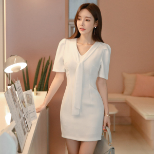 YF82629# 夏季新款韩版气质修身V领短袖连衣裙