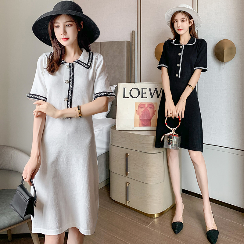 实拍黑白2色小香风针织连衣裙2019新款夏显瘦polo领短袖裙子