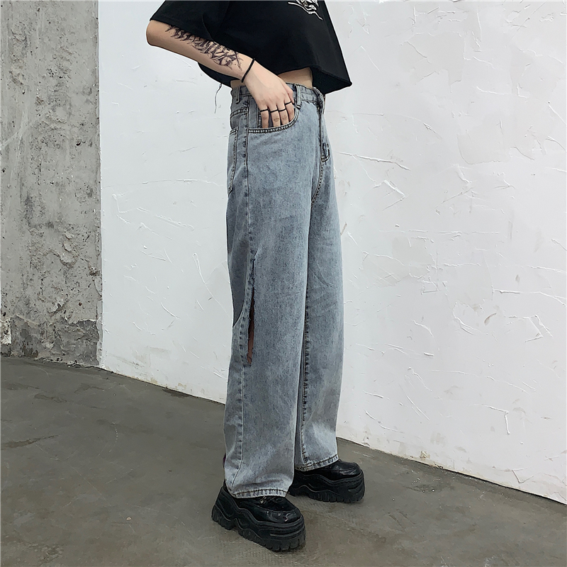 属性男控价48韩国ins复古潮流牛仔裤高腰男女破洞休闲阔腿直筒裤
