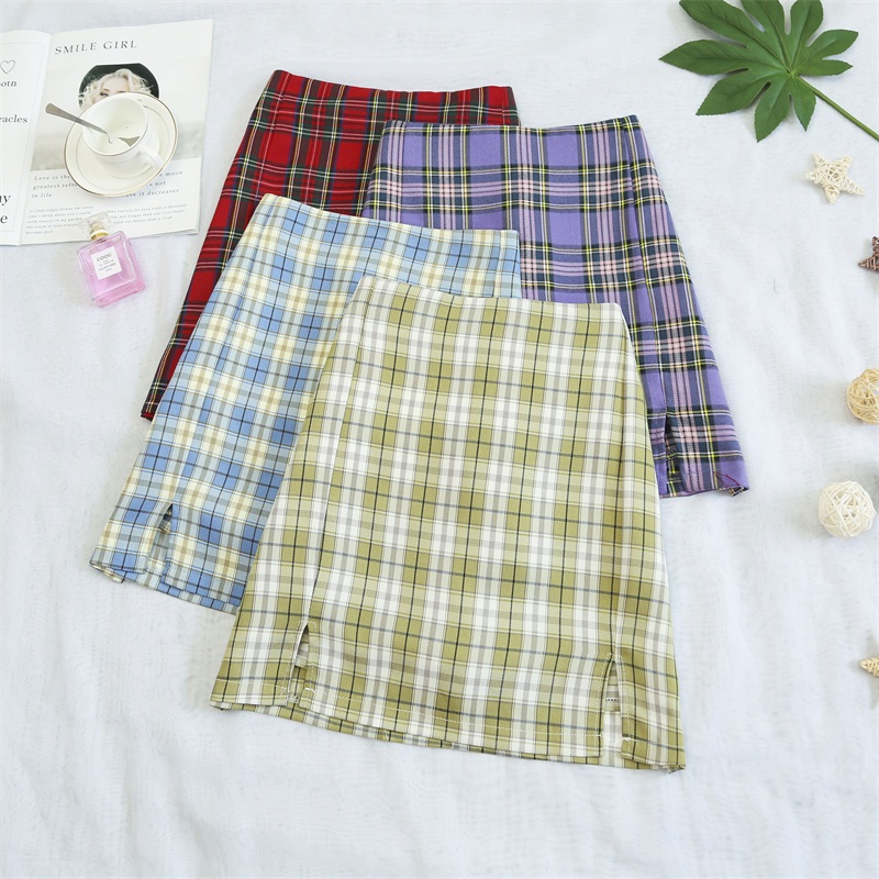 实拍大码女装2020夏季新款韩版多色复古格子半身裙显瘦开叉短裙