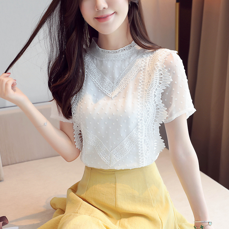 韩国白色短款蕾丝打底衫女2024夏新款韩版洋气短袖雪纺衫女上衣