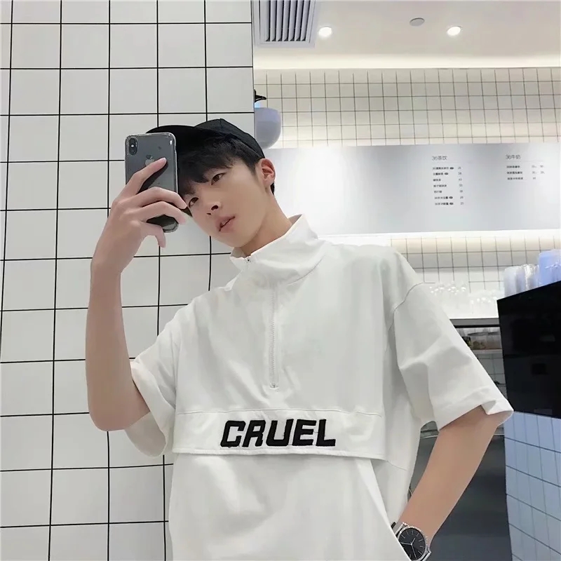 实拍 夏装五分短袖男T恤原宿风韩版男宽松中袖百搭七分半袖男上衣