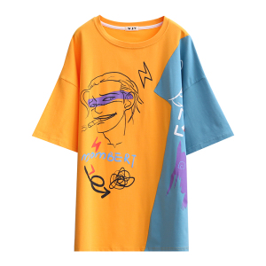 MY3144#棉夏季潮流圆领插色涂鸦印花宽松短袖T恤女