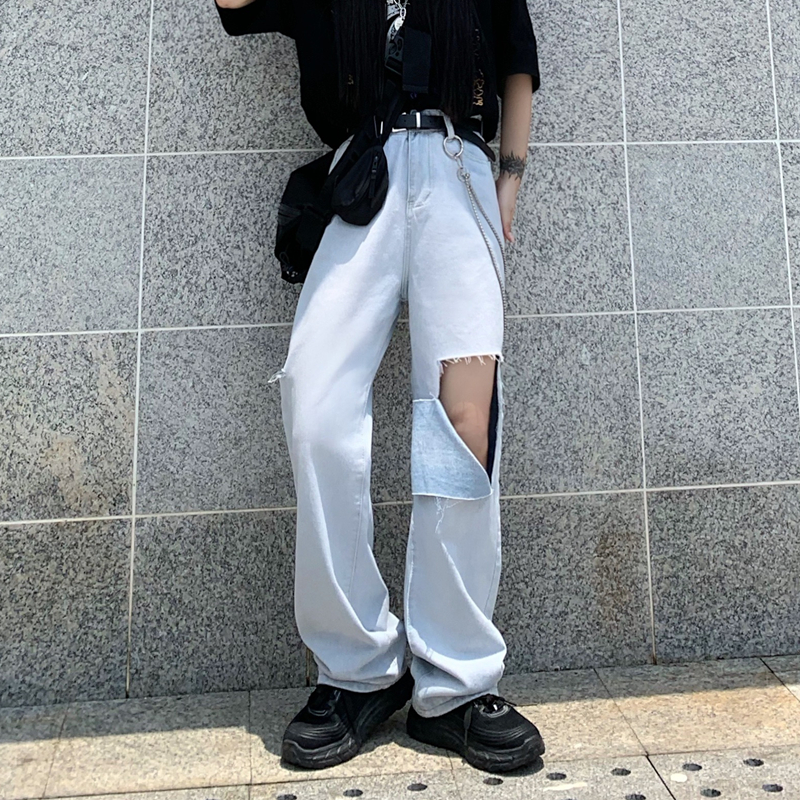 属性男控价45韩国ins复古潮流牛仔裤水洗破洞男女休闲高腰直筒裤