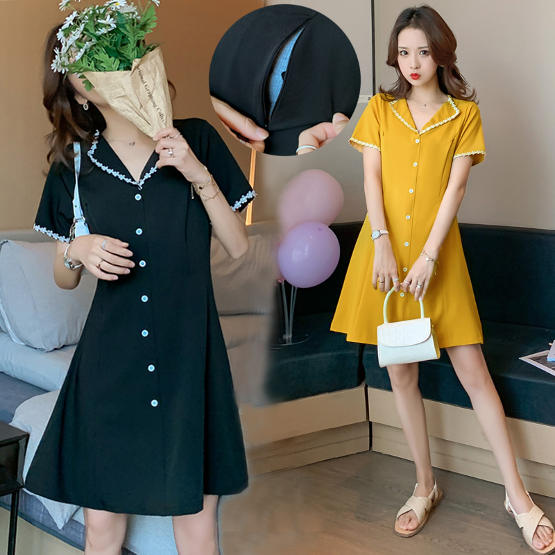 实拍哺乳装外出时尚V领雪纺连衣裙潮妈产后修身显瘦喂奶衣服