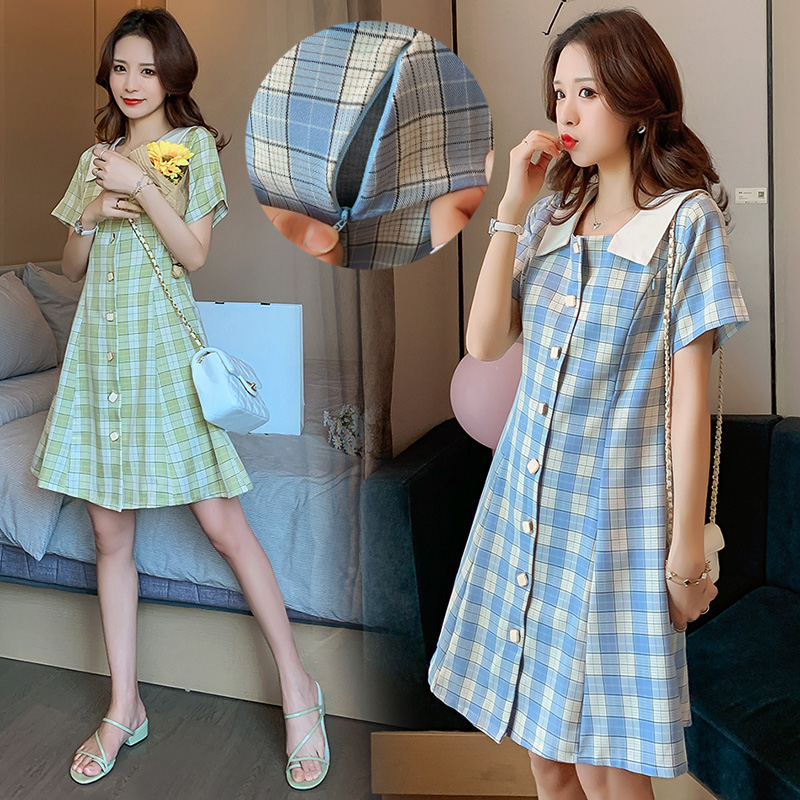 实拍9928#哺乳衣外出复古格子修身显瘦连衣裙产后哺乳期喂奶衣服