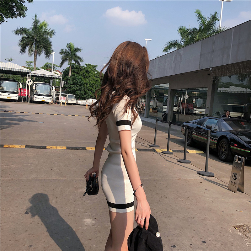 实拍气质修身显瘦V领单排扣撞色针织连衣裙实价