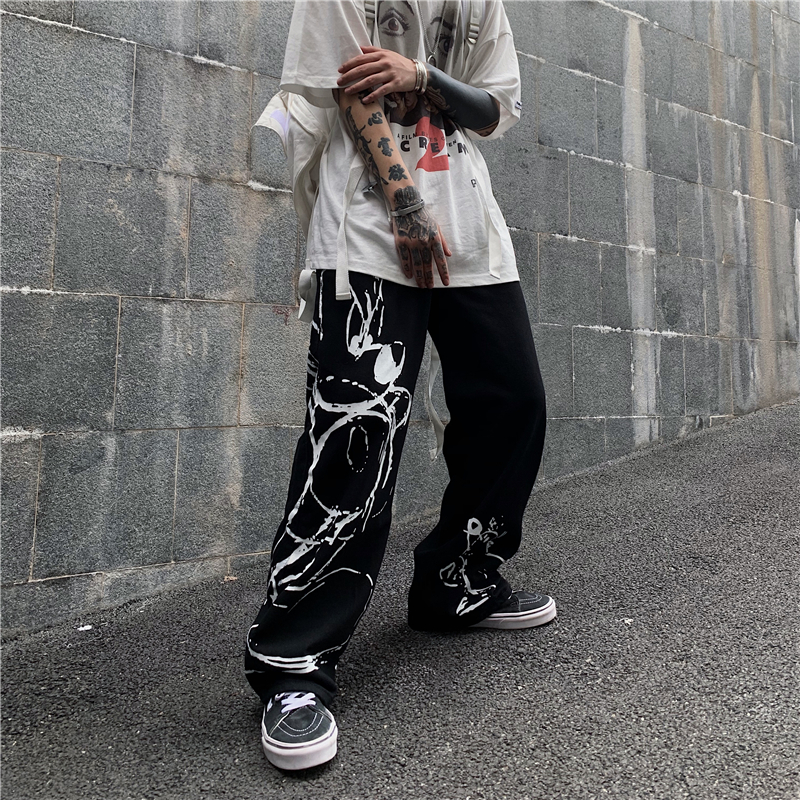 原创控价50韩版ins复古潮流牛仔裤卡通印花暗黑系宽松阔腿直筒裤