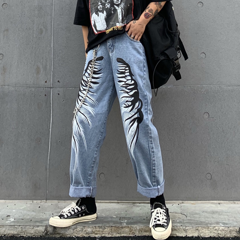 原创控价50韩版ins潮流男女牛仔裤水洗磨白翅膀印花休闲萝卜裤