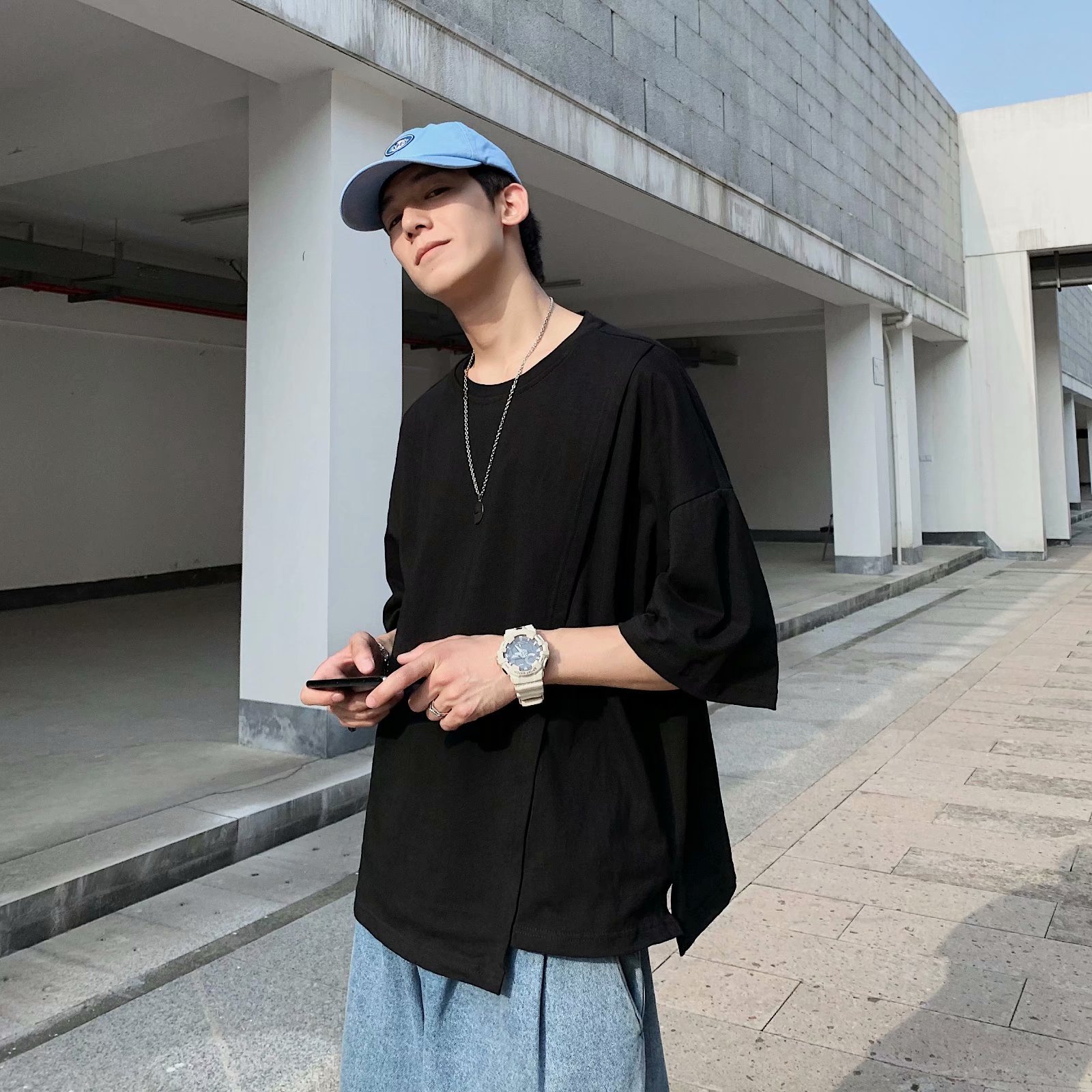 实拍 不规则拼接T恤男ins潮牌简约纯色宽松港风百搭半袖短袖上衣