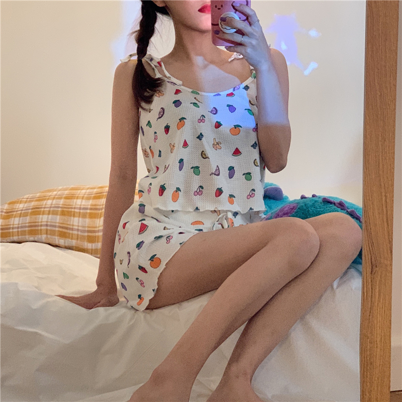 实拍实价 水果印花ins吊带绑带短裤家居服套装两件套