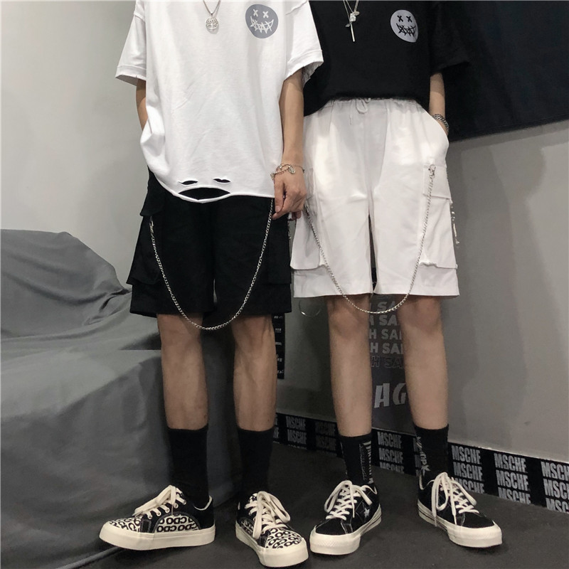 实价控33 复古街头链条工装短裤休闲五分裤宽松阔腿短裤ins潮情侣
