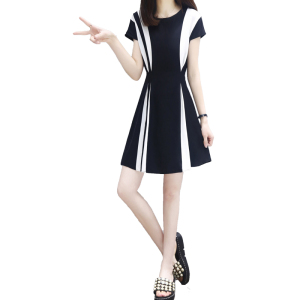 KY8528#女装黑白拼接修身大码显瘦中裙时尚休闲连衣裙