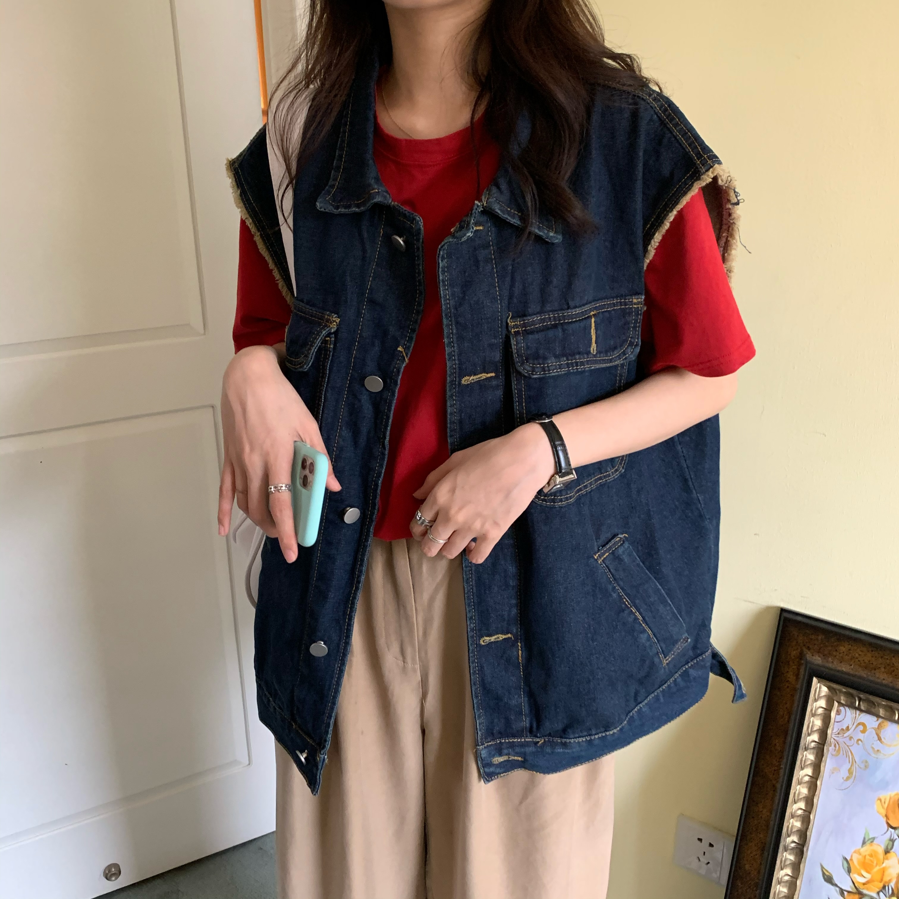 实拍实价 深色复古牛仔马甲外套百搭夹克显瘦无袖外穿上衣