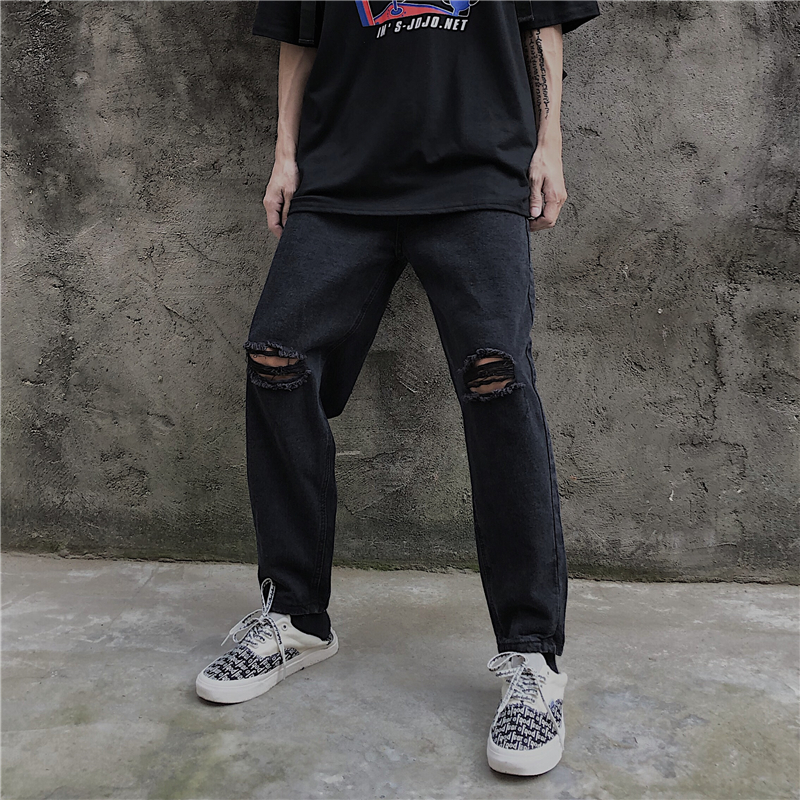 控价45韩版ins潮流牛仔裤男女款高街暗黑系萝卜裤BF风破洞休闲裤