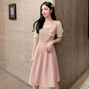 RM15231#夏季新款文艺短袖格子法式泡泡袖连衣裙女