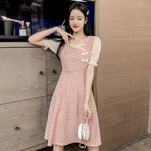 RM15231#夏季新款文艺短袖格子法式泡泡袖连衣裙女