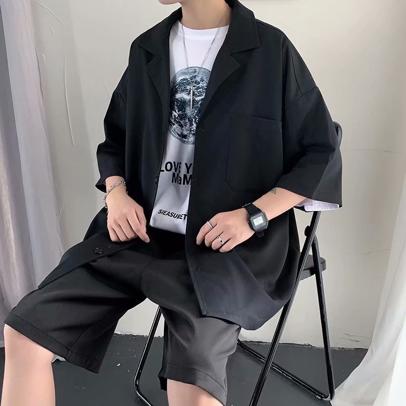 实拍 夏季西装套装男西服运动休闲韩版宽松短袖衬衫短裤两件套潮