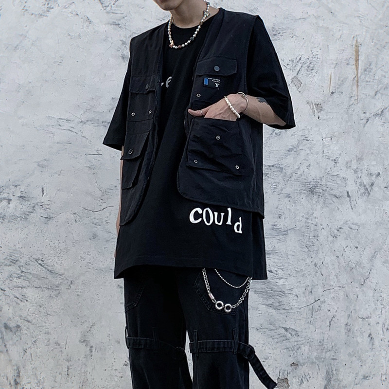 控价44韩国ins潮流男女工装马夹外搭暗黑高街风马甲叠层背心外套
