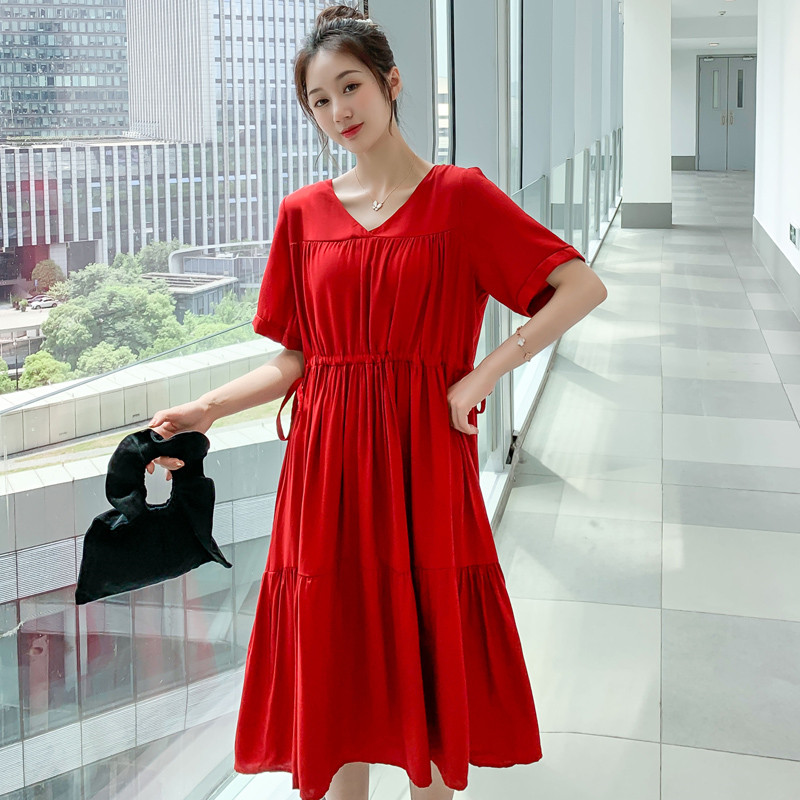 实拍现货2020新款夏孕妇韩版V领抽绳时尚百搭显瘦大码女装连衣裙