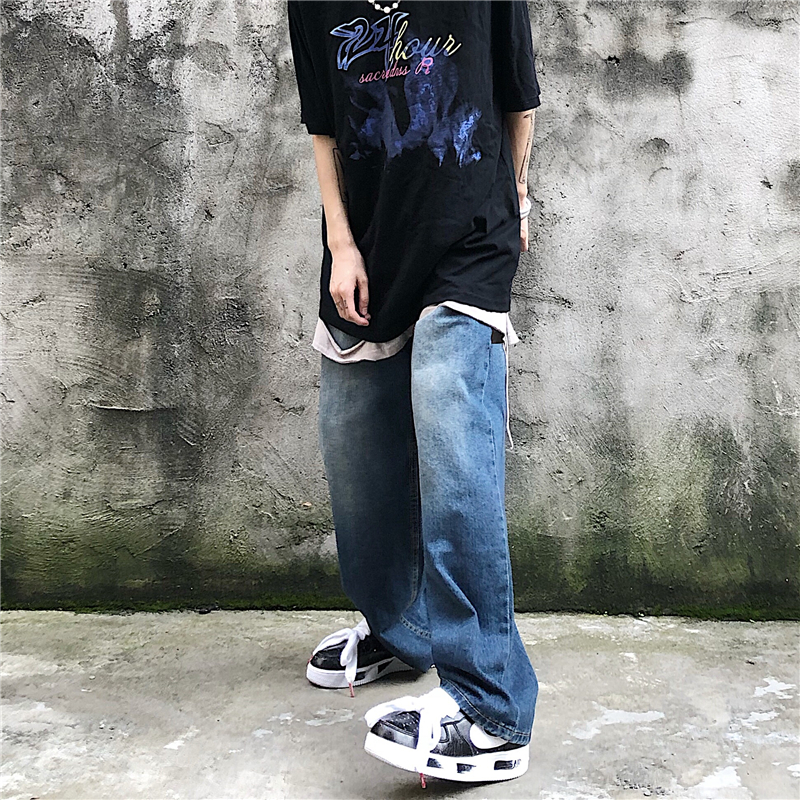 控价44男女高街嘻哈牛仔裤水洗ins复古潮流休闲裤宽松阔腿长裤潮