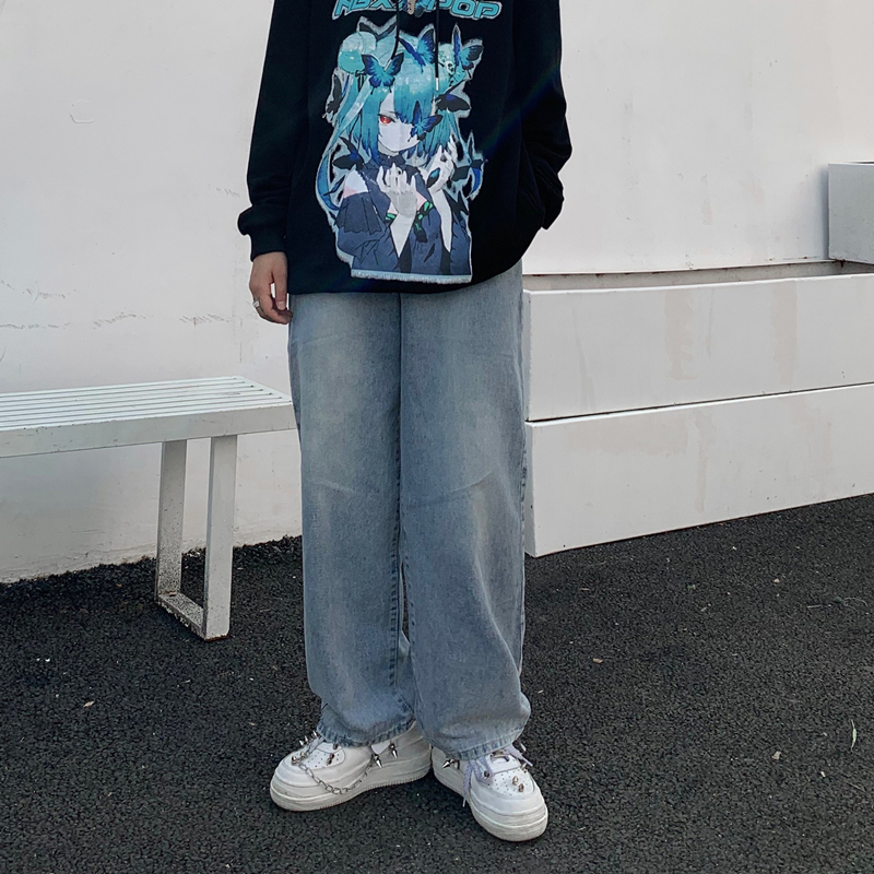 控价44韩国ins复古潮流牛仔裤水洗高街风男女休闲阔腿直筒裤百搭