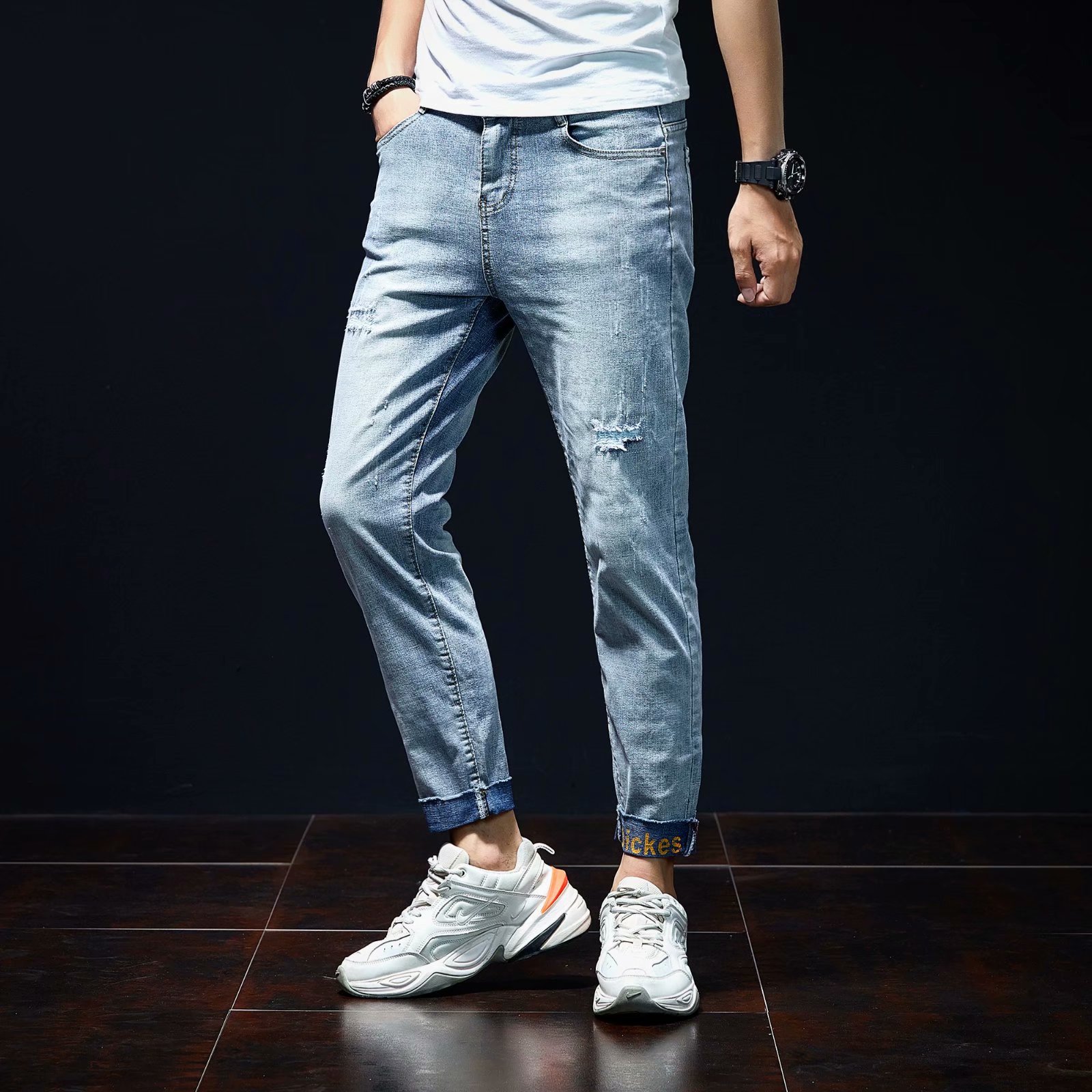 实拍裤男夏天薄款潮牌弹力修身韩版潮流九分裤破洞休闲浅色小脚裤