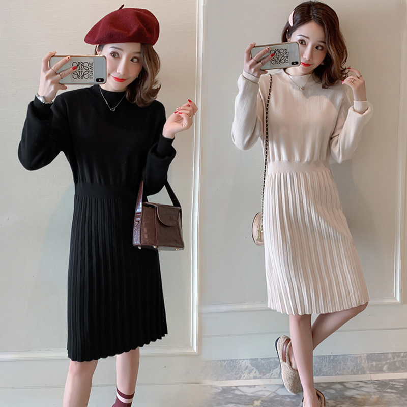 实拍1933#孕妇装秋冬包芯纱毛衣打底衫怀孕期时尚百褶针织连衣裙