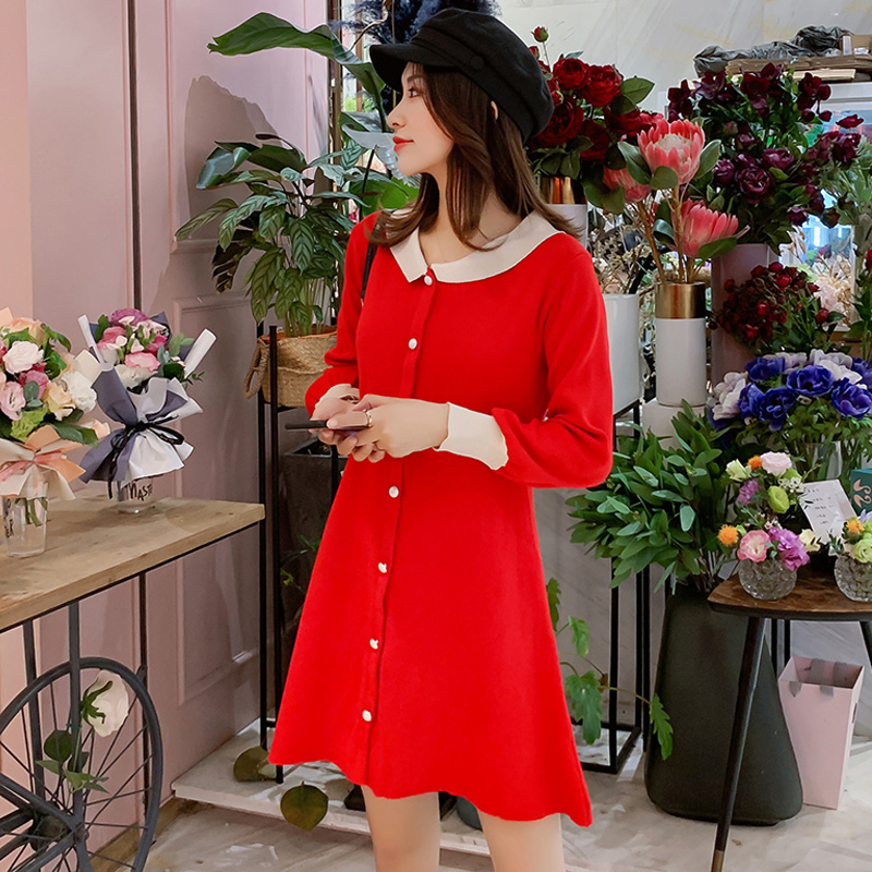 实拍1936#孕妇装时尚撞色拼接针织连衣裙怀孕期秋冬显瘦打底衫潮