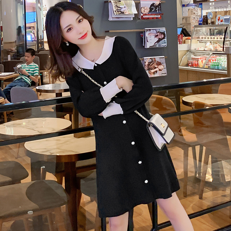 实拍9916#哺乳毛衣秋冬时尚撞色拼接连衣裙潮产后显瘦喂奶针织衫