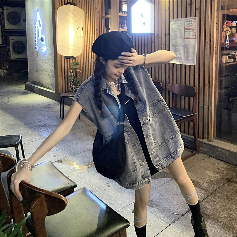 实拍实价   宽松百搭中长款大口袋水洗牛仔马甲