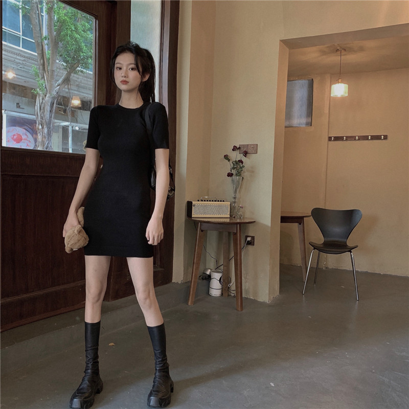 实拍实价 法式气质紧身包臀短袖连衣裙显瘦打底超短裙