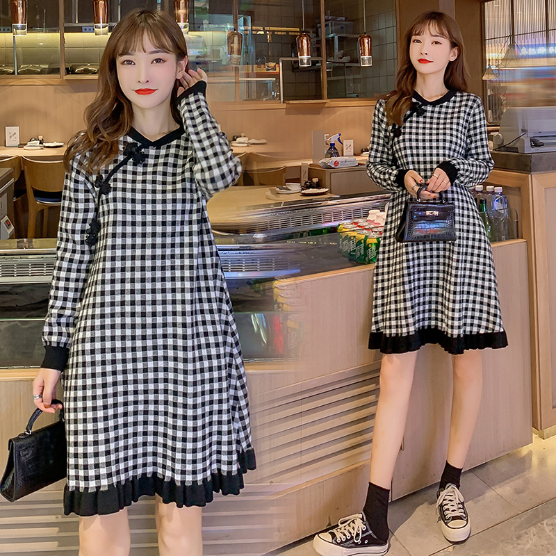 实拍9933#哺乳毛衣秋冬复古中国风针织连衣裙产后改良旗袍喂奶衣