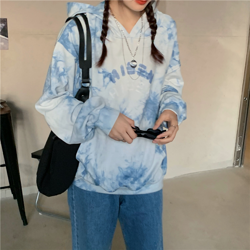 实拍实价 水蓝色晕染连帽休闲卫衣oversize上衣Jennie同款