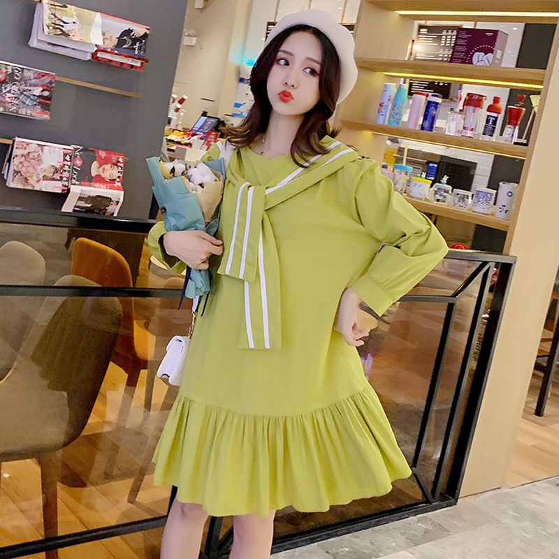 实拍现货2020秋季新款孕妇韩版荷叶边很仙的娃娃领宽松衬衫连衣裙