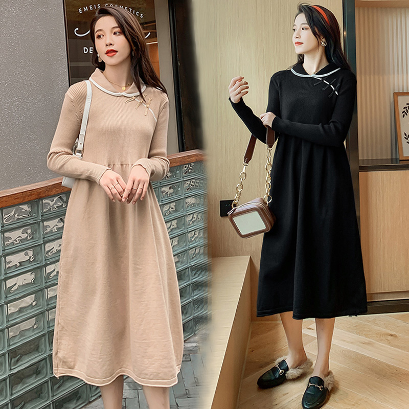 实拍1975#孕妇装秋冬改良旗袍毛衣怀孕期气质修身显瘦针织连衣裙