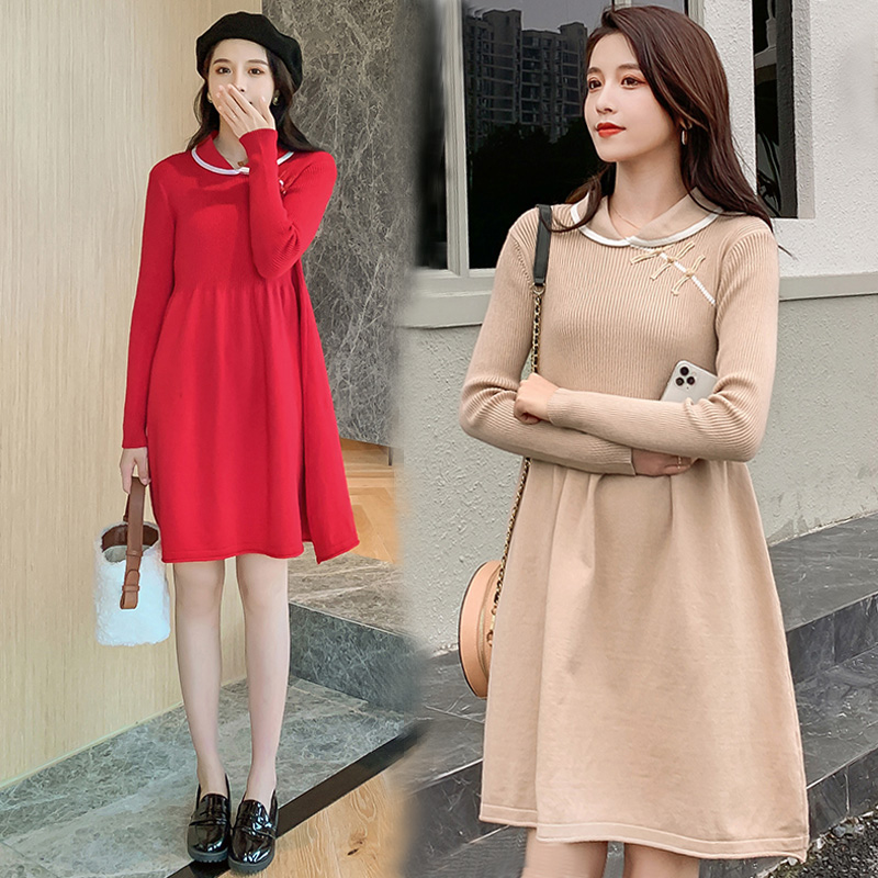 实拍9939#秋冬哺乳毛衣改良旗袍针织连衣裙产后显瘦喂奶打底衫潮