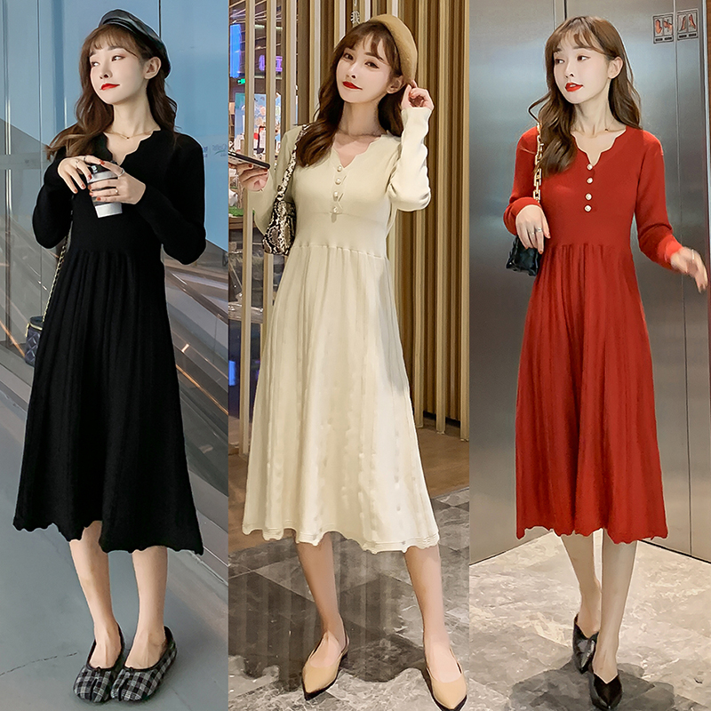 实拍9934#秋冬哺乳毛衣时尚V领打底连衣裙产后修身显瘦喂奶针织衫