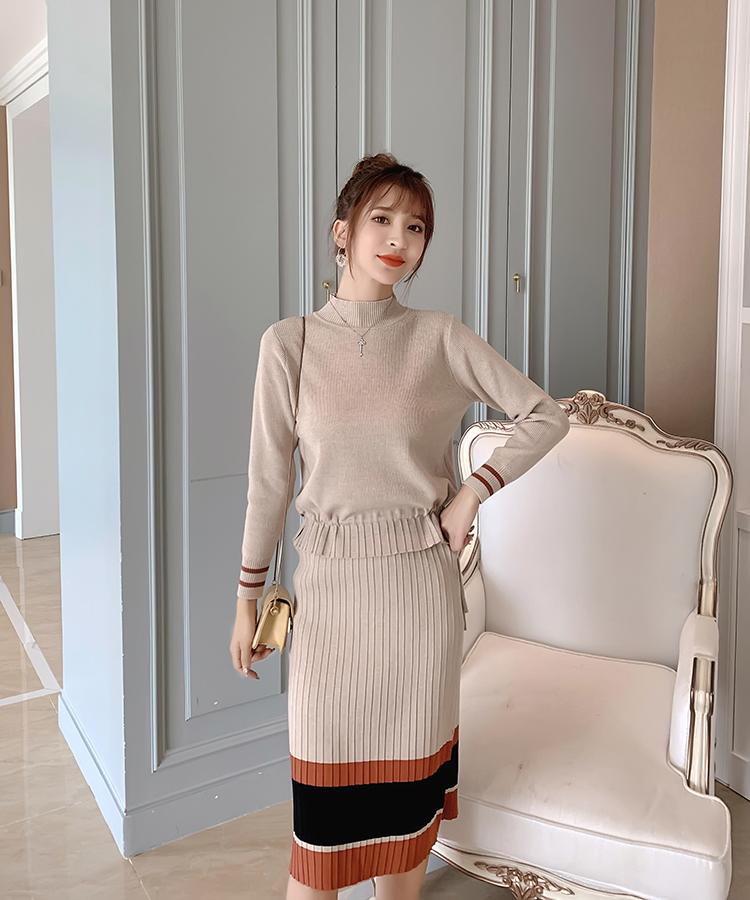 实拍现货2020春秋洋气显瘦针织套裙两件套女时尚毛衣半身裙子套装
